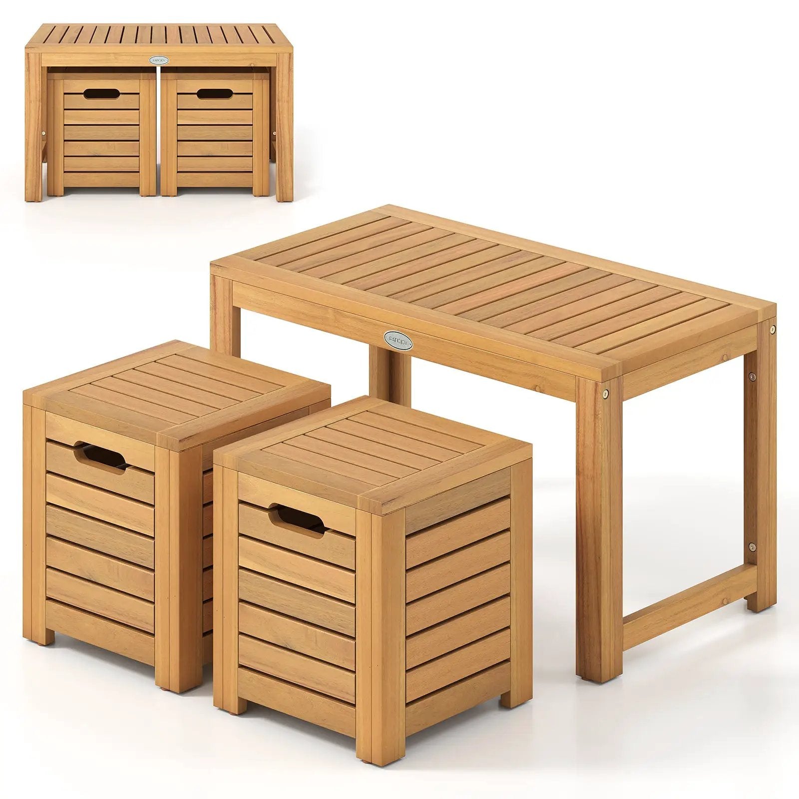 Acacia Wood Outdoor Coffee Table with Stools Set of 2 3 Pieces Patio Table and Stools Set by DirectDeals