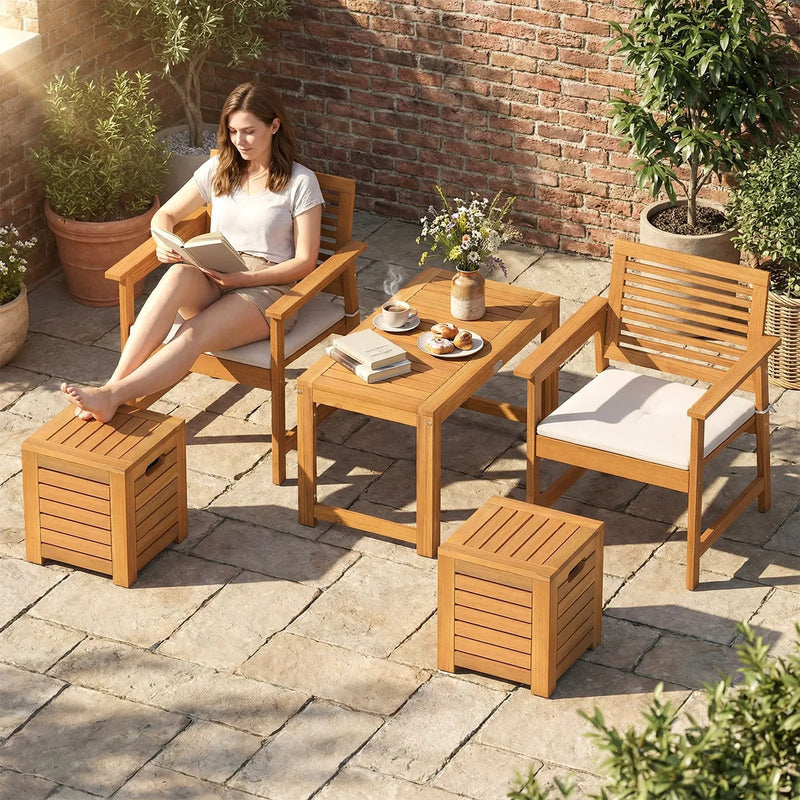 Acacia Wood Outdoor Coffee Table with Stools Set of 2 3 Pieces Patio Table and Stools Set by DirectDeals