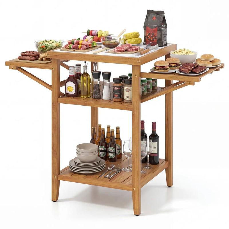 Acacia Wood Outdoor Grill Table with Faux Marble Top and Drop by DirectDeals