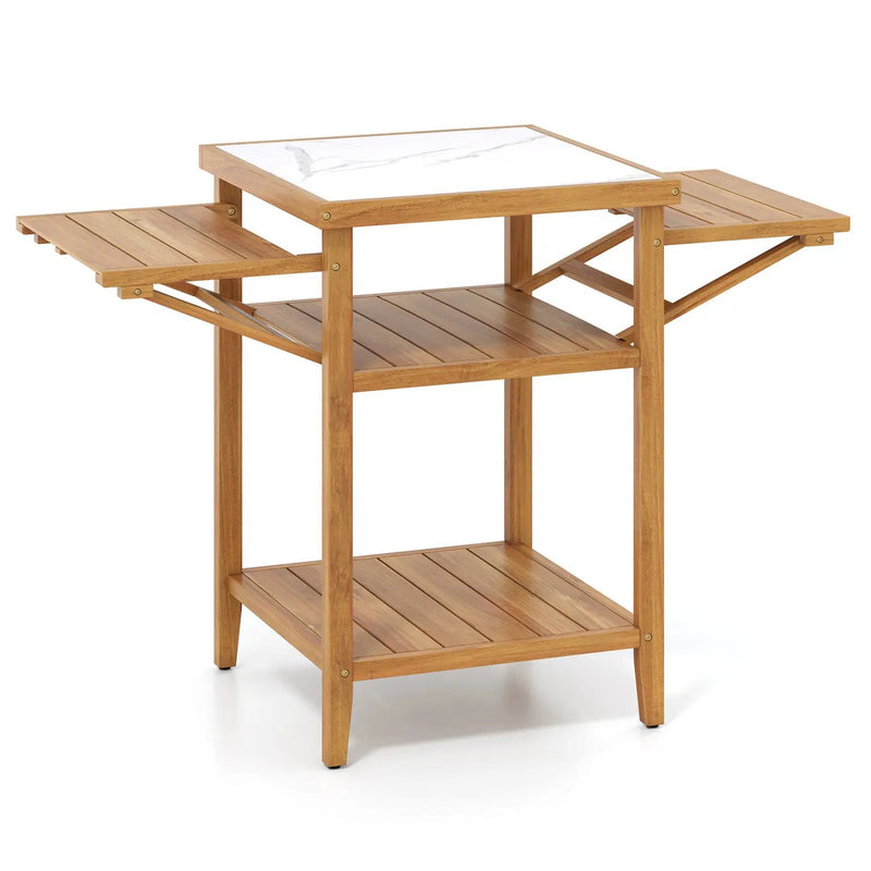 Acacia Wood Outdoor Grill Table with Faux Marble Top and Drop by DirectDeals