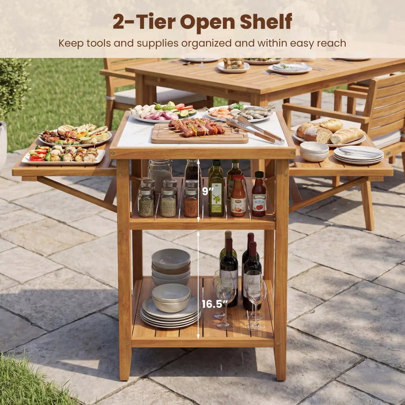 Acacia Wood Outdoor Grill Table with Faux Marble Top and Drop by DirectDeals