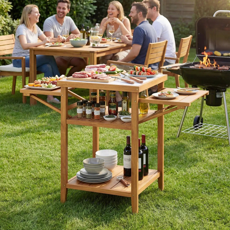 Acacia Wood Outdoor Grill Table with Faux Marble Top and Drop by DirectDeals