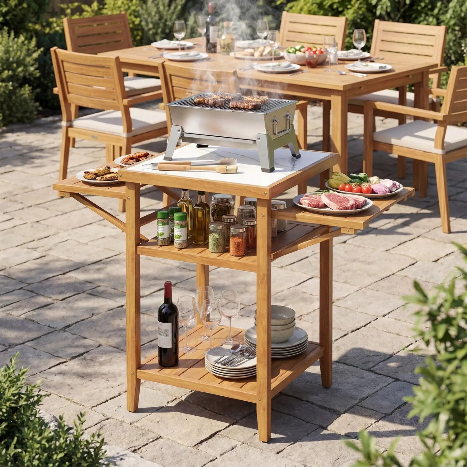 Acacia Wood Outdoor Grill Table with Faux Marble Top and Drop by DirectDeals