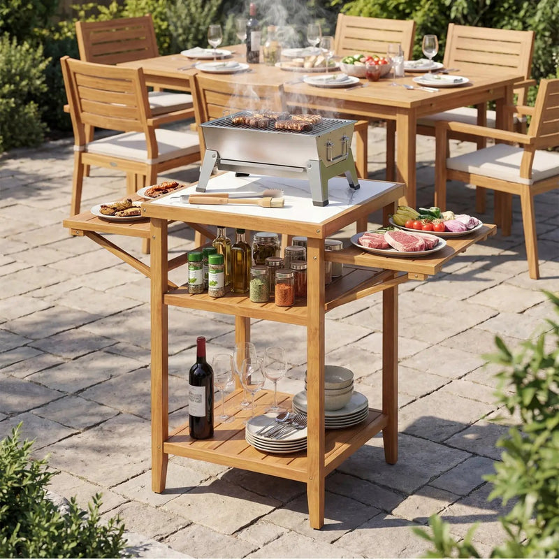 Acacia Wood Outdoor Grill Table with Faux Marble Top and Drop by DirectDeals