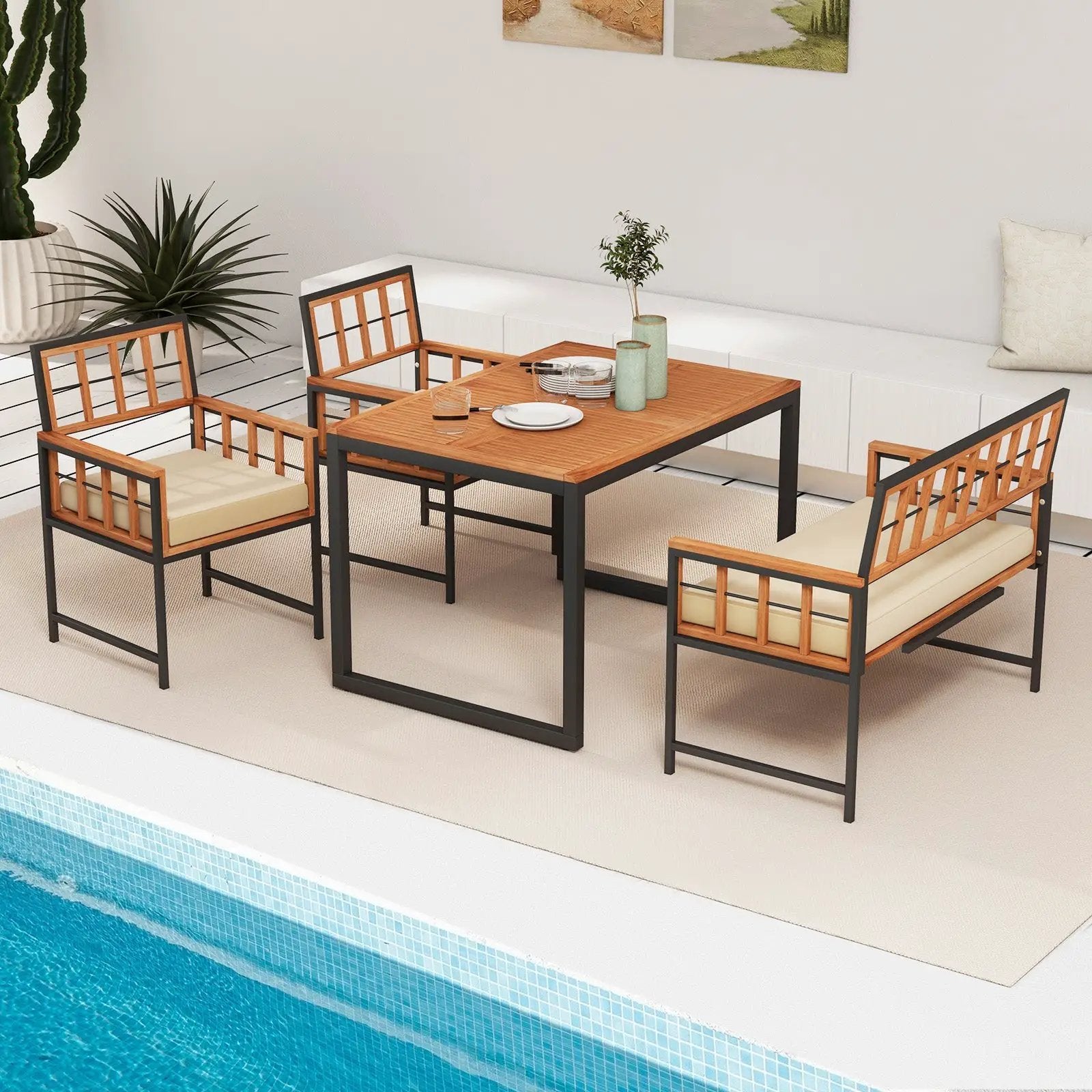 4 Pieces Acacia Wood Patio Dining Set with 1 Rectangular Table-Natural by DirectDeals