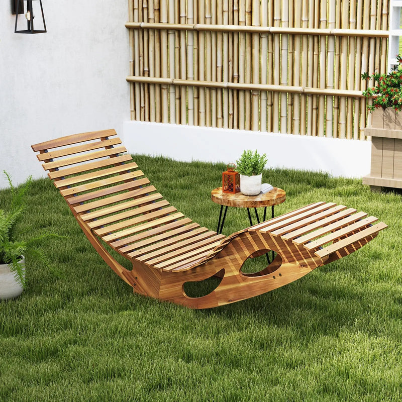 Acacia Wood Patio Rocking Sun Lounger Chaise Lounge with Ergonomic Curved Seat by DirectDeals