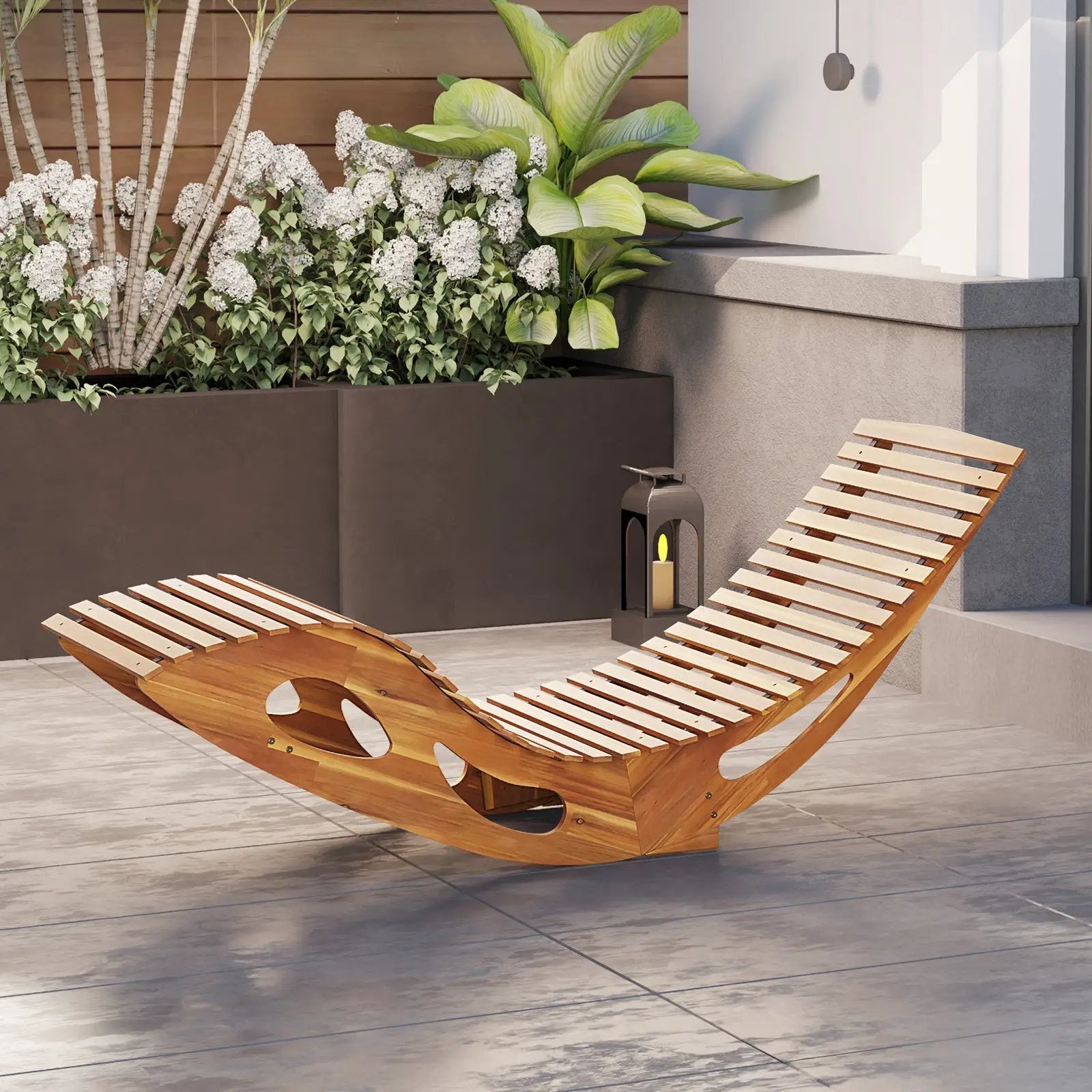 Acacia Wood Patio Rocking Sun Lounger Chaise Lounge with Ergonomic Curved Seat by DirectDeals