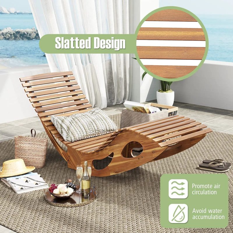 Acacia Wood Patio Rocking Sun Lounger Chaise Lounge with Ergonomic Curved Seat by DirectDeals