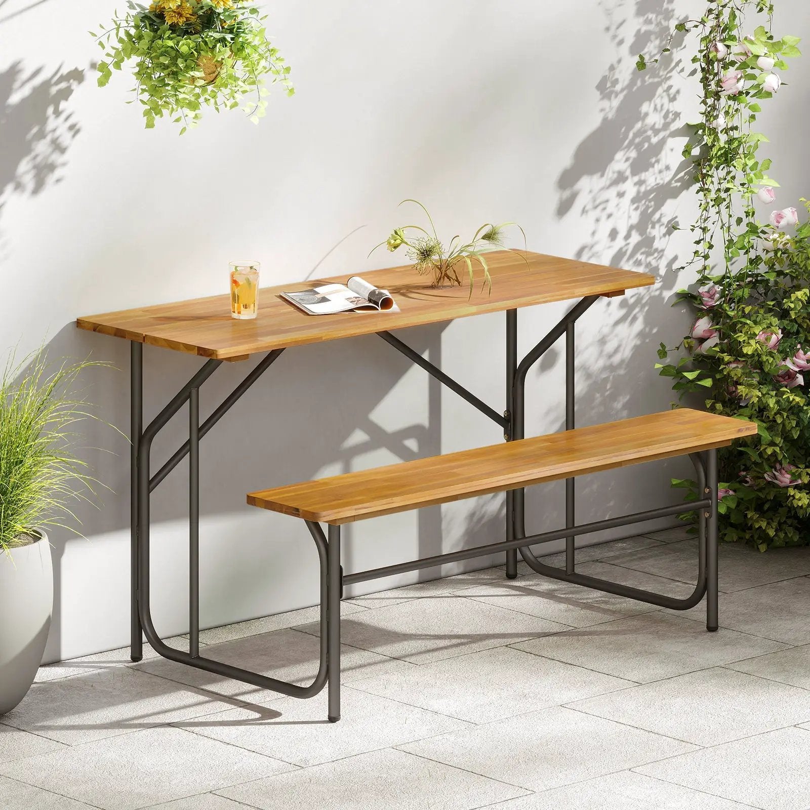Acacia Wood Patio Table Bench for 2 People One-Side Picnic Table by DirectDeals