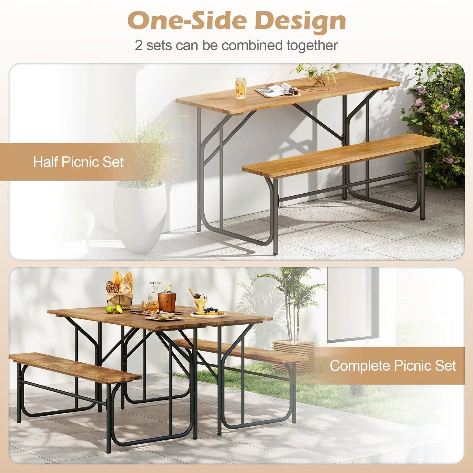 Acacia Wood Patio Table Bench for 2 People One-Side Picnic Table by DirectDeals
