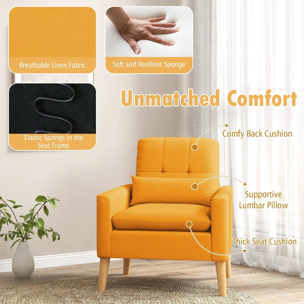Accent Chair with Lumbar Pillow Natural Rubber Wood Legs Padded Cushions, photo 6 of 10