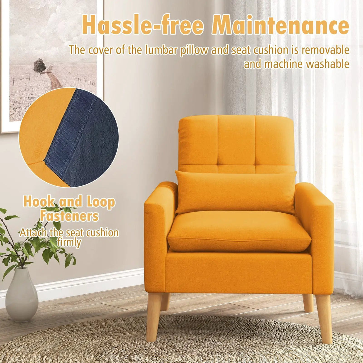 Accent Chair with Lumbar Pillow Natural Rubber Wood Legs Padded Cushions, photo 7 of 10