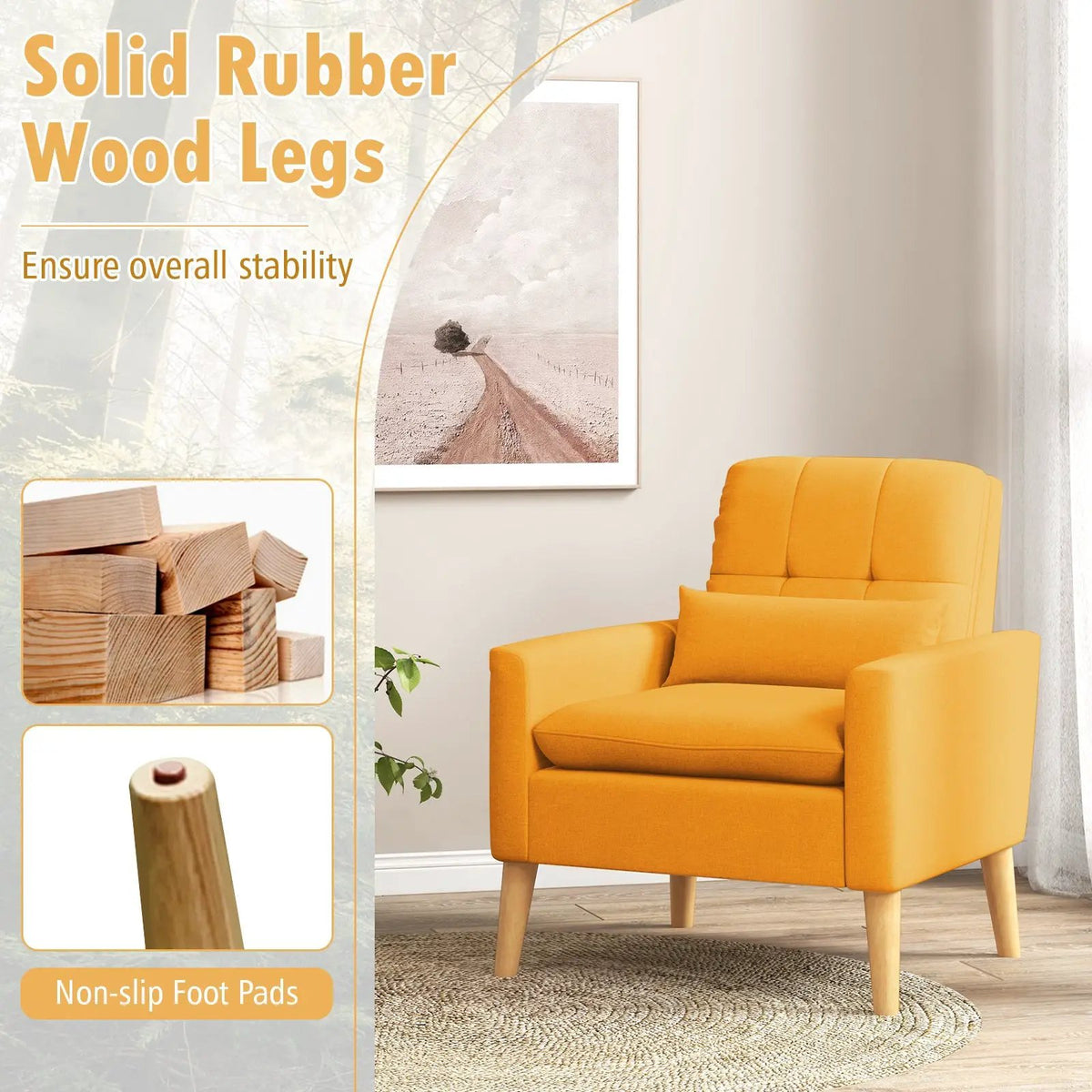 Accent Chair with Lumbar Pillow Natural Rubber Wood Legs Padded Cushions, photo 8 of 10