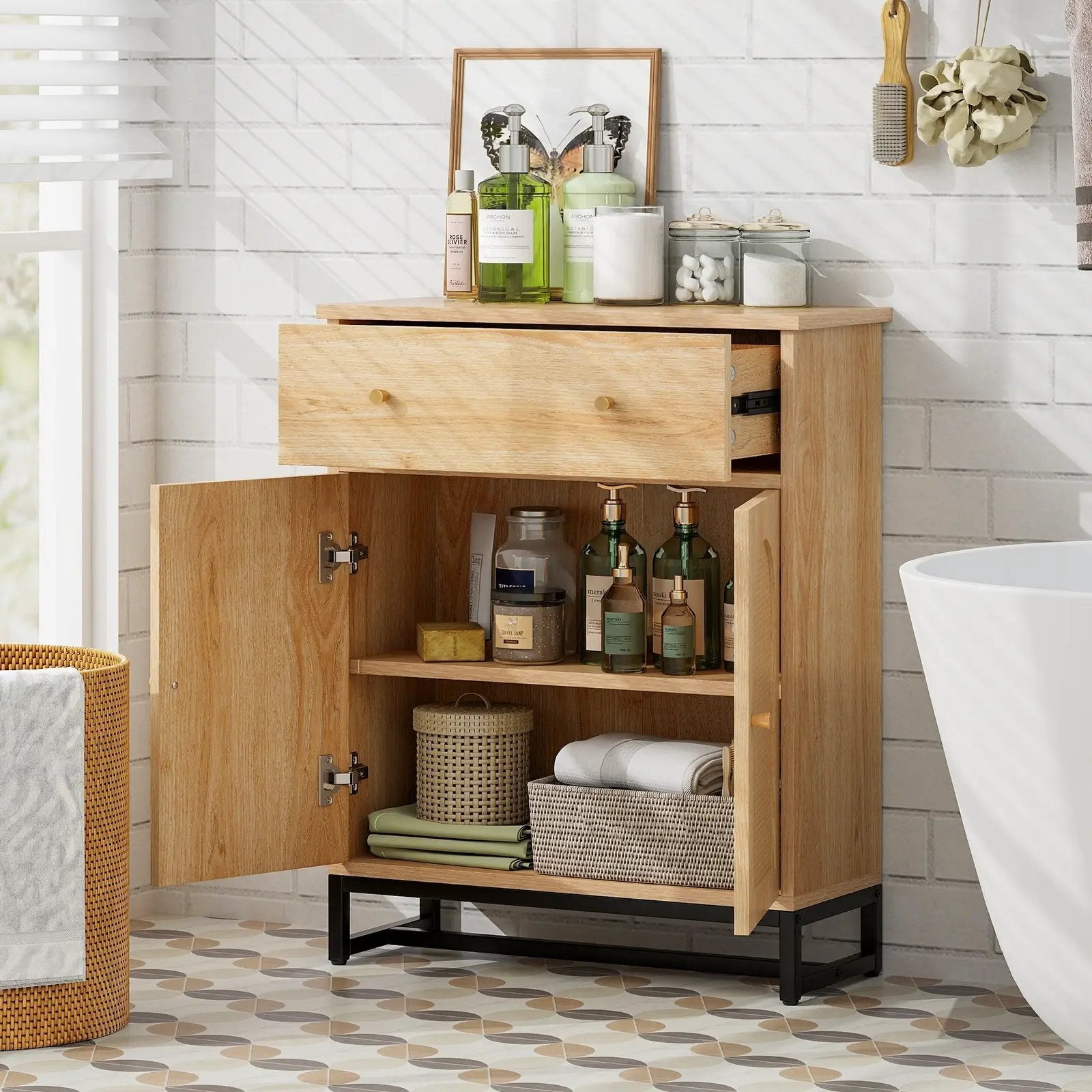 Accent Floor Storage Cabinet with Rattan Doors and Drawer-Natural by DirectDeals