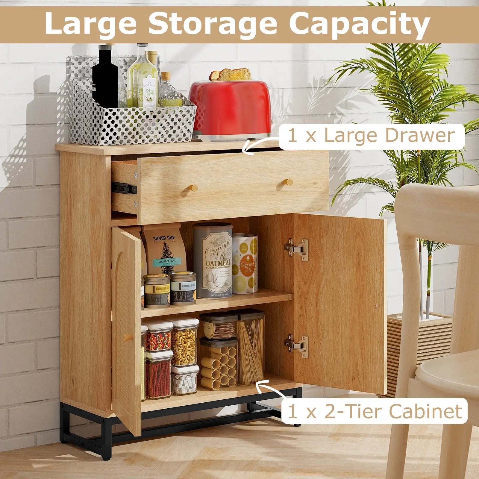 Accent Floor Storage Cabinet with Rattan Doors and Drawer-Natural by DirectDeals