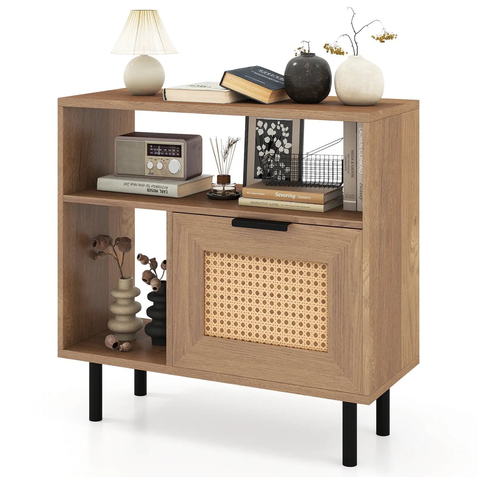 Accent Side End Table with Storage Shelf and Cabinet for Small Space-Natural by DirectDeals