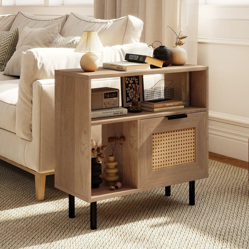 Accent Side End Table with Storage Shelf and Cabinet for Small Space-Natural by DirectDeals
