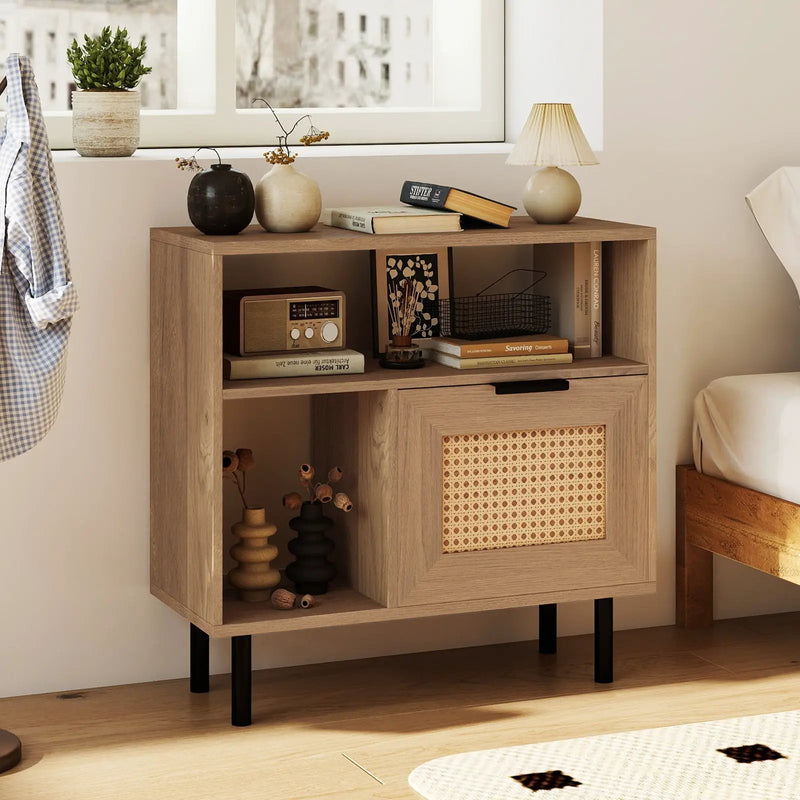 Accent Side End Table with Storage Shelf and Cabinet for Small Space-Natural by DirectDeals