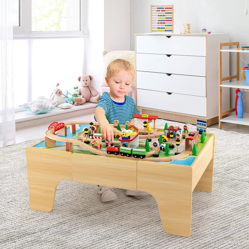84-Piece Wooden Train Set with Reversible and Detachable Tabletop by DirectDeals