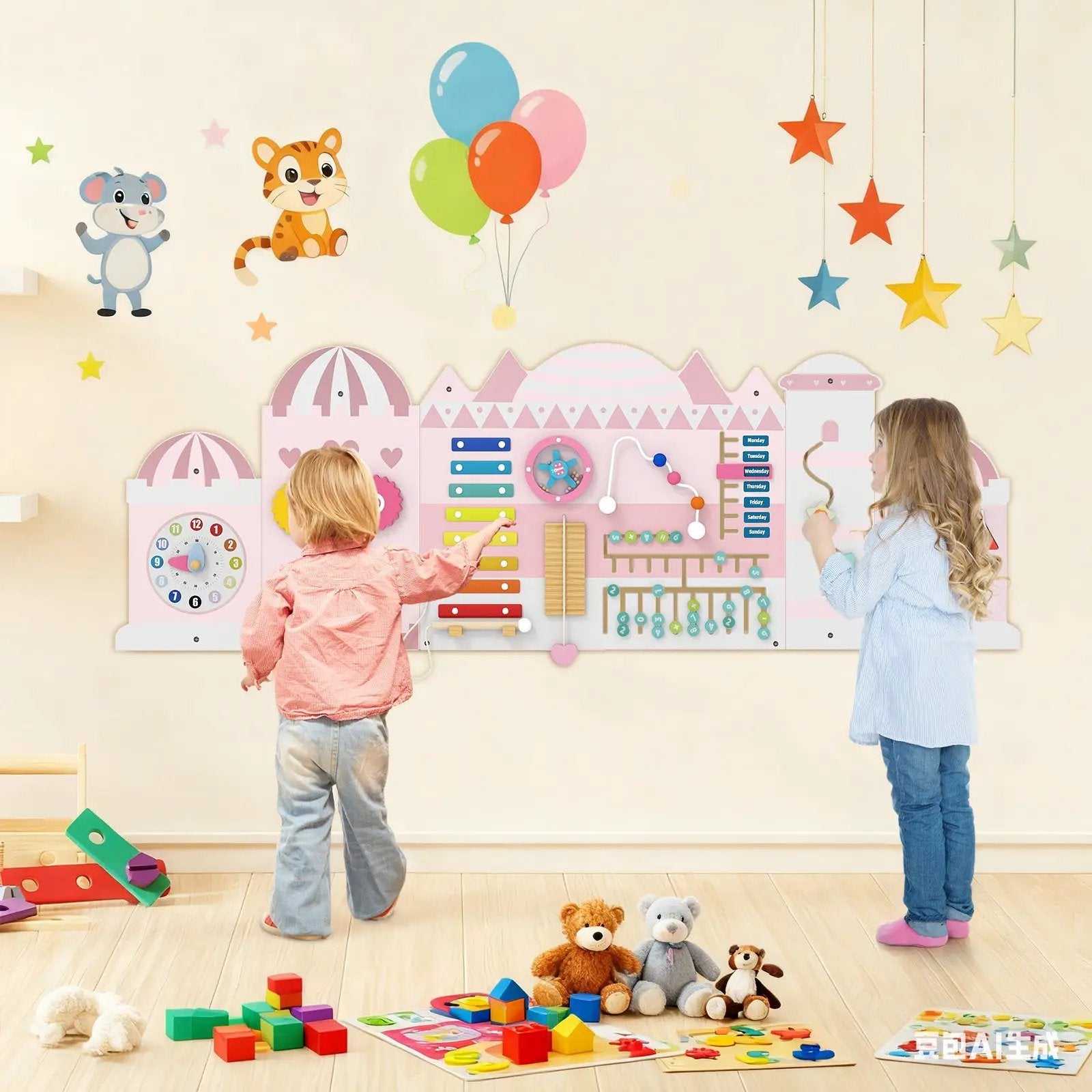 Activity Wall Busy Board Panels for Toddlers Wooden Sensory Board-Pink by DirectDeals