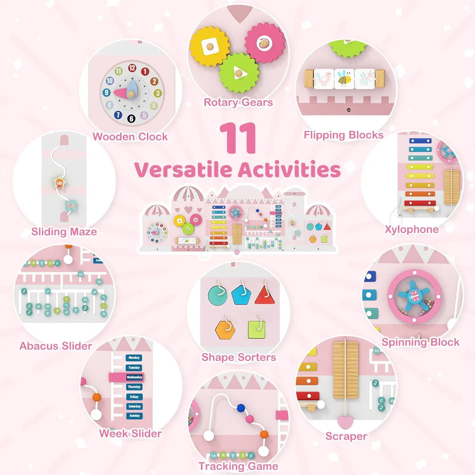 Activity Wall Busy Board Panels for Toddlers Wooden Sensory Board-Pink by DirectDeals