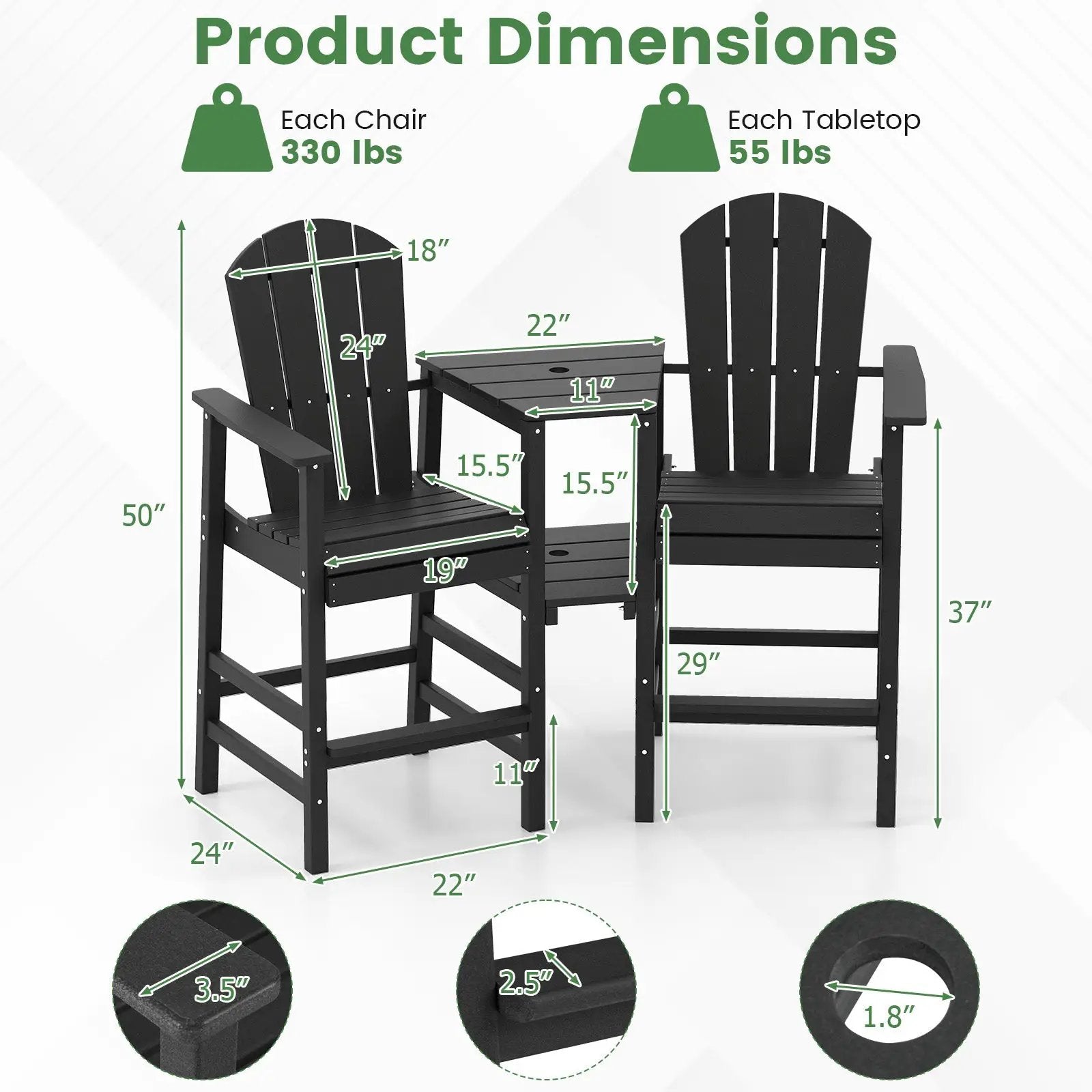 2-Seat Adirondack Chair All-Weather Adirondack Chair with Double Connecting Tray by DirectDeals