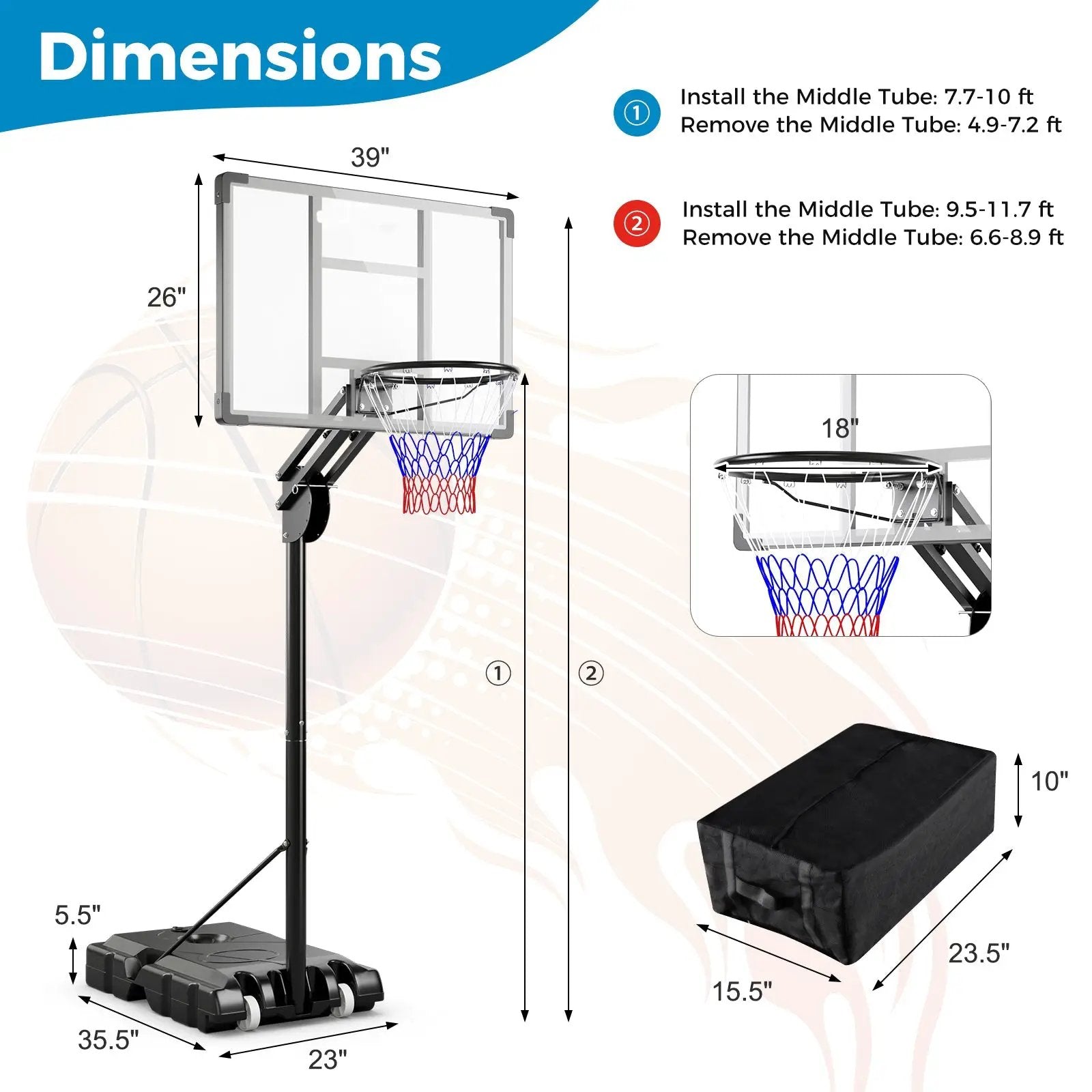 4.9-10 Feet Adjustable Basketball Hoop with Shatterproof Backboard by DirectDeals