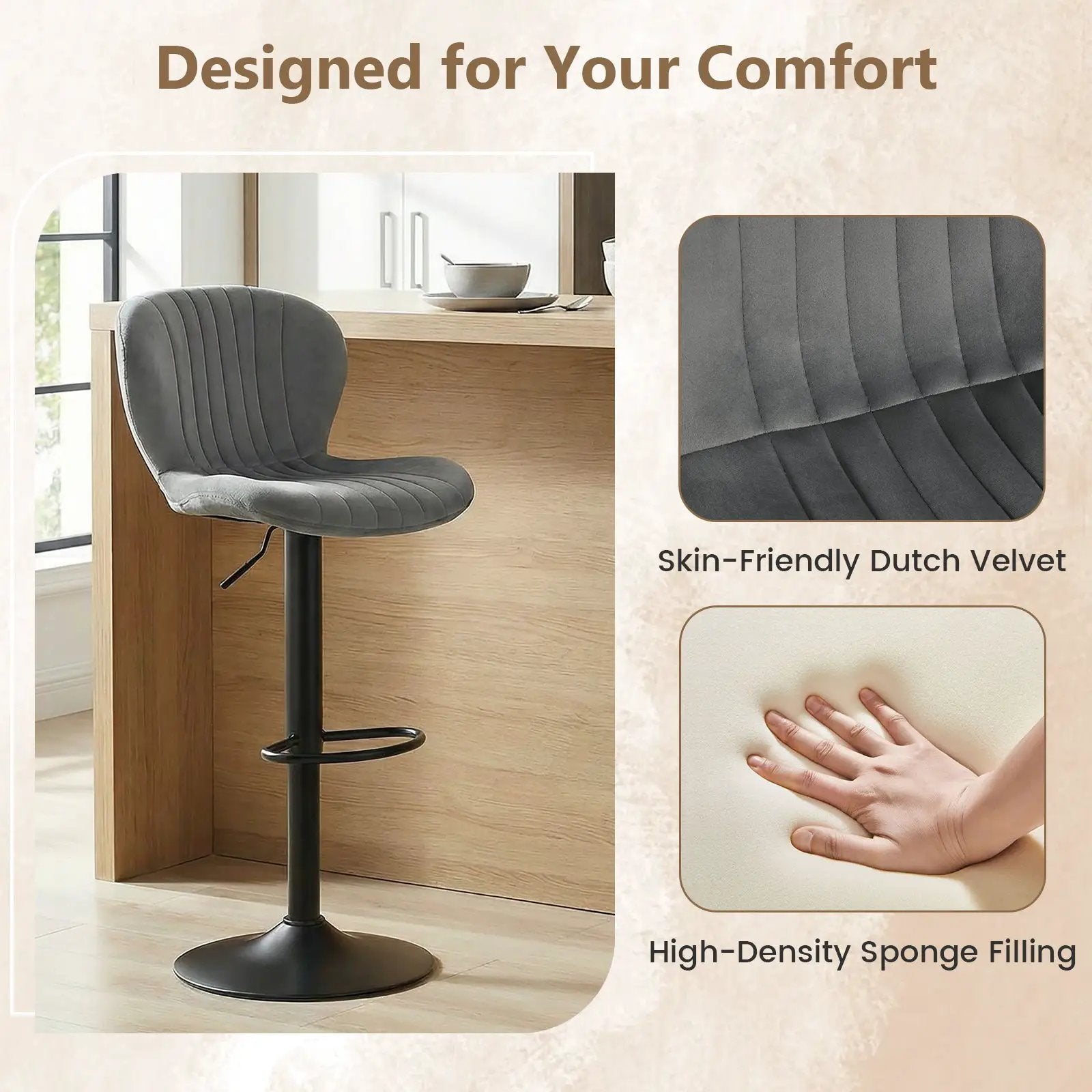 Adjustable Counter Height Chairs Set of 2 with Velvet Upholstered Backrests by DirectDeals