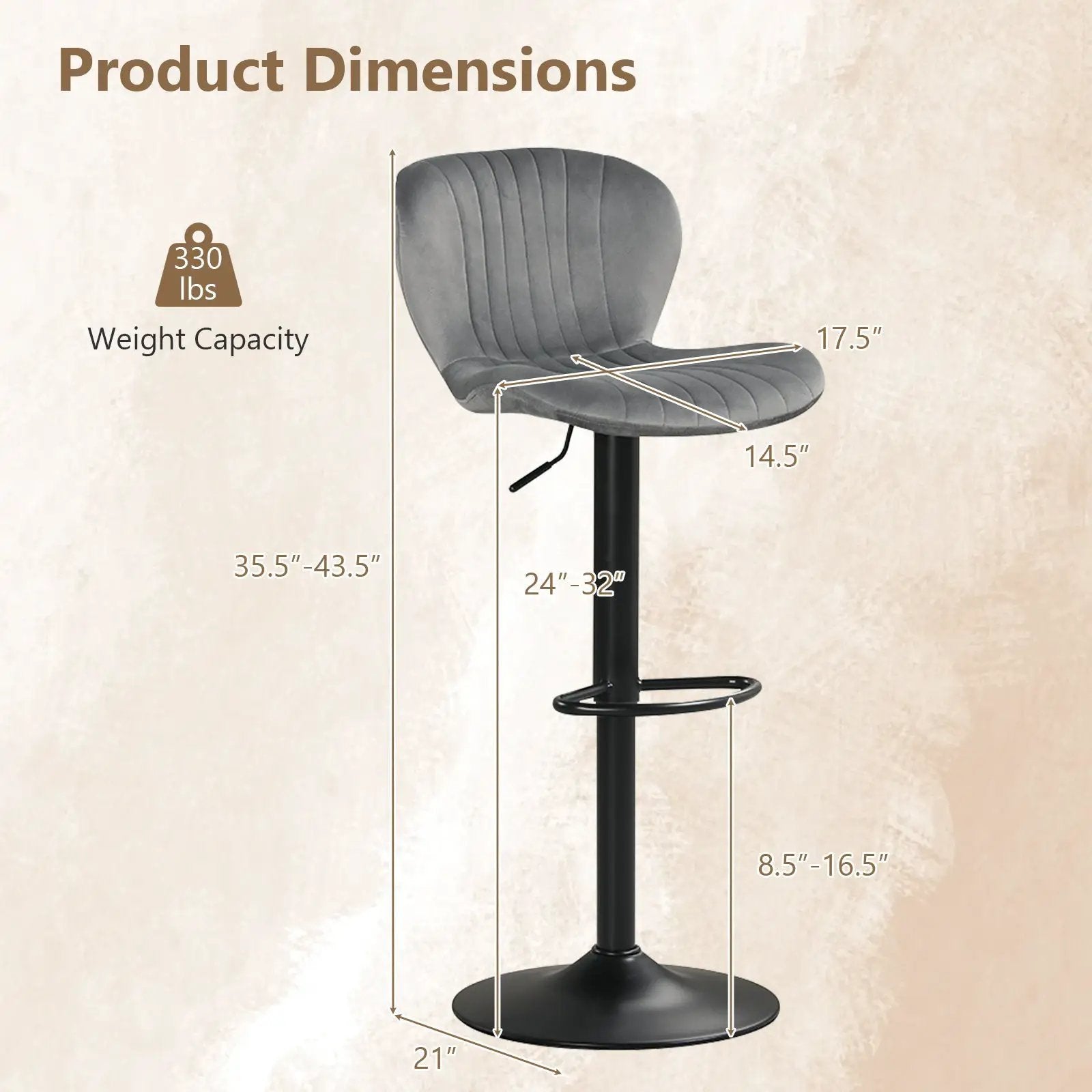 Adjustable Counter Height Chairs Set of 2 with Velvet Upholstered Backrests by DirectDeals