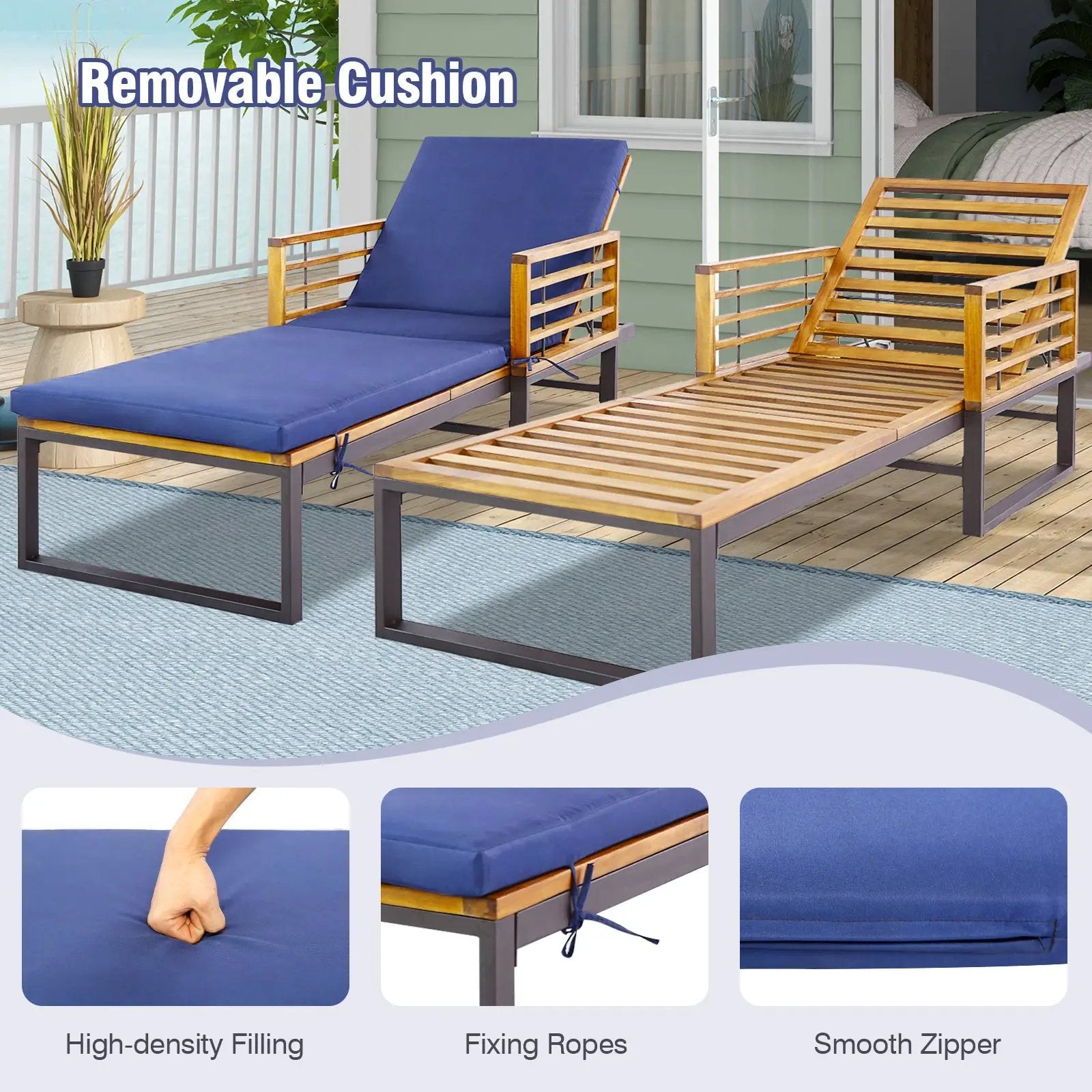 Adjustable Cushioned Patio Chaise Lounge Chair with 4-Level Backrest-Navy by DirectDeals