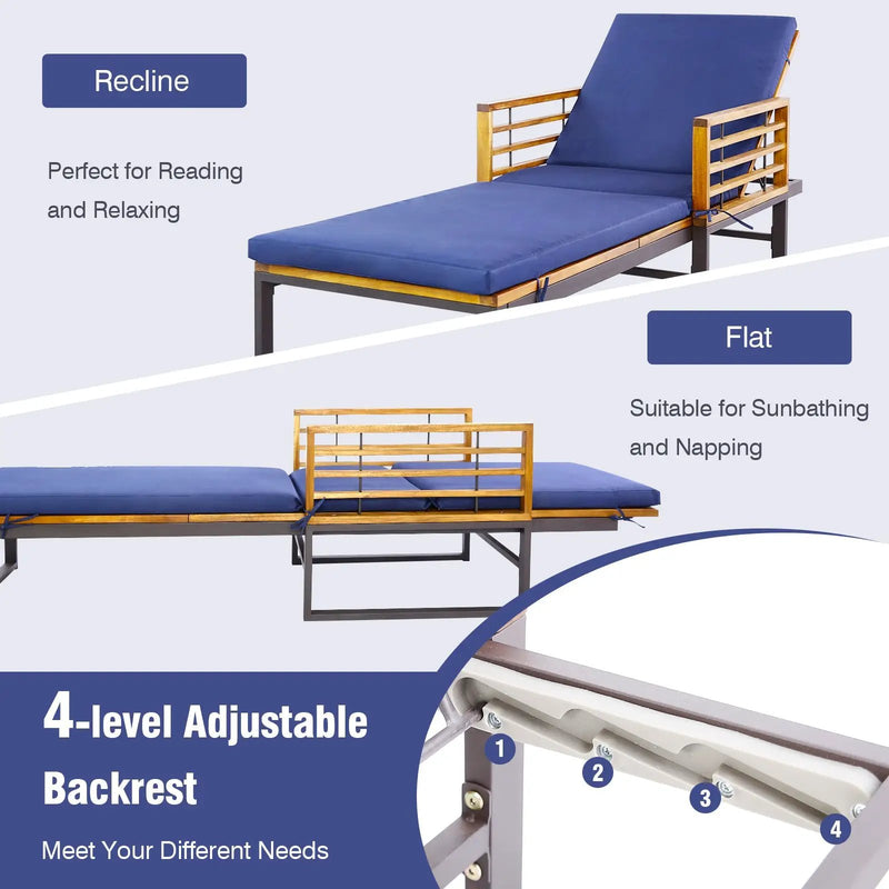Adjustable Cushioned Patio Chaise Lounge Chair with 4-Level Backrest-Navy by DirectDeals