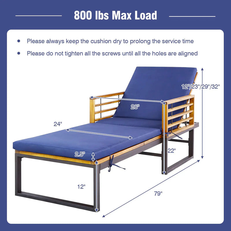 Adjustable Cushioned Patio Chaise Lounge Chair with 4-Level Backrest-Navy by DirectDeals