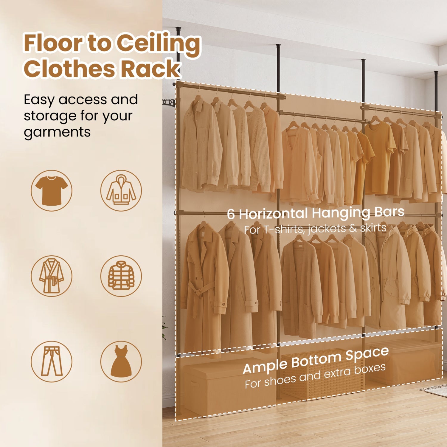 Floor to Ceiling Clothes Rack with 6 Adjustable Hanging Rods by DirectDeals