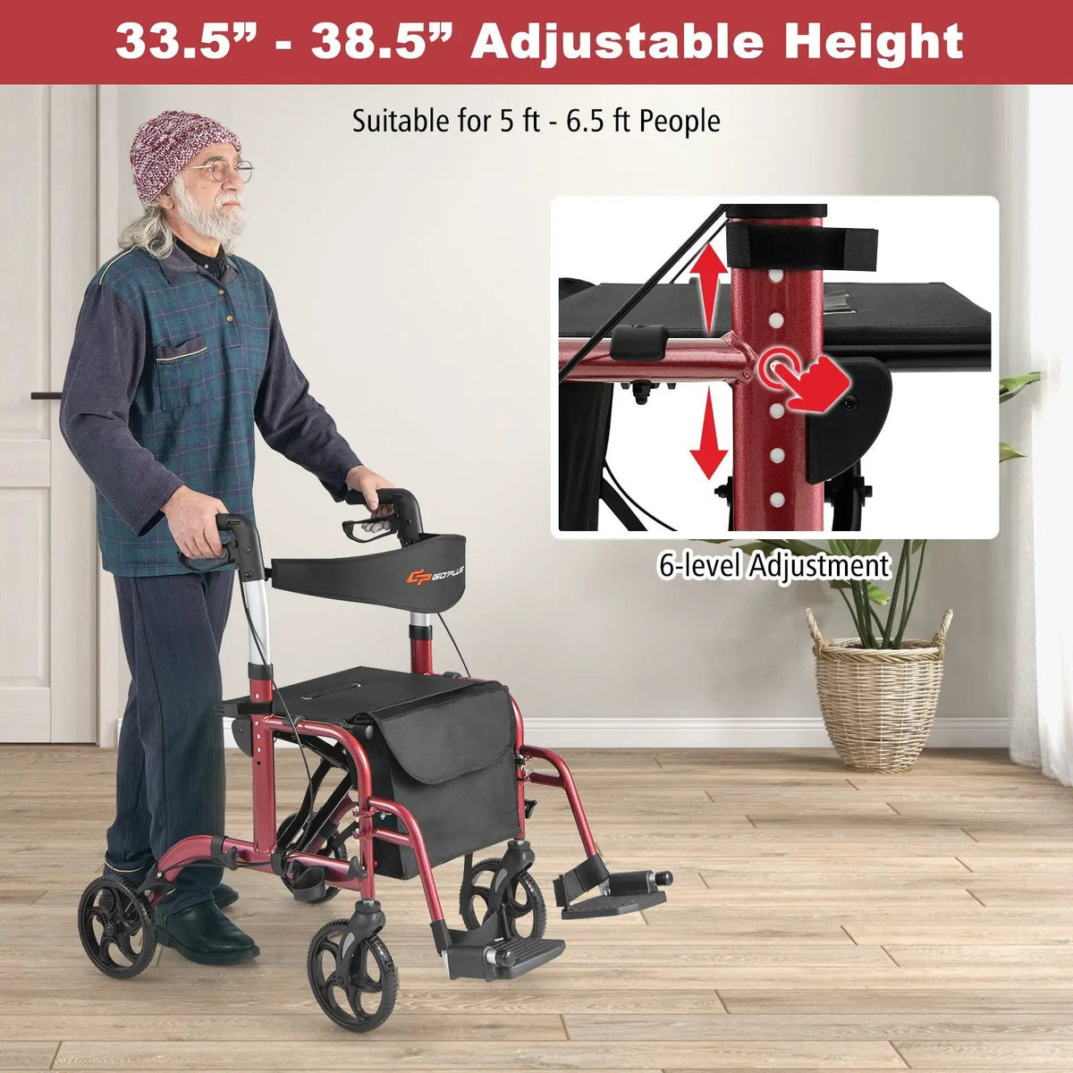 2-in-1 Adjustable Folding Handle Rollator Walker with Storage Space, photo 4 of 10