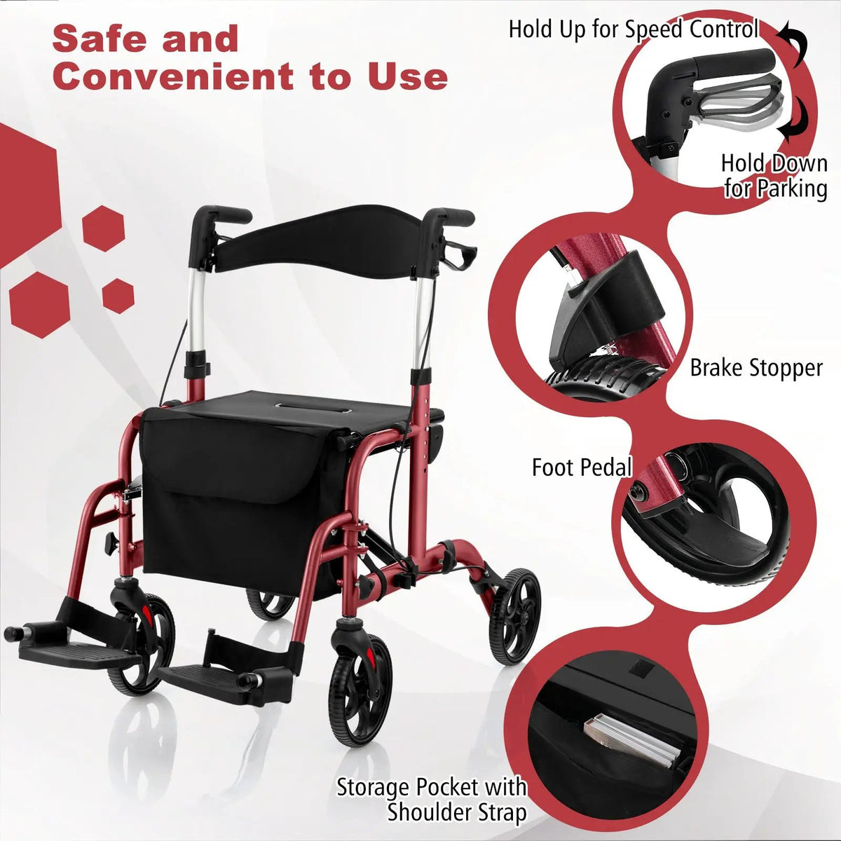 2-in-1 Adjustable Folding Handle Rollator Walker with Storage Space, photo 7 of 10
