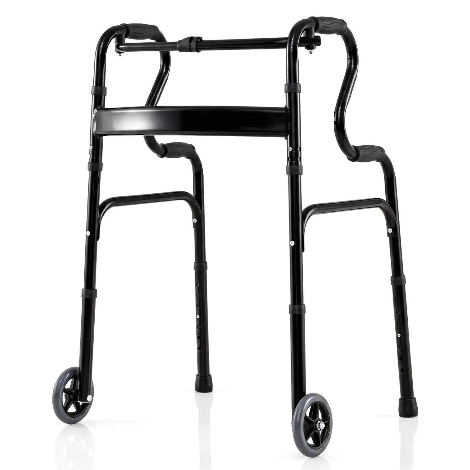 Adjustable Heavy-Duty Folding Walker with Unidirectional Wheels and Bi-Level Armrests-Black by DirectDeals