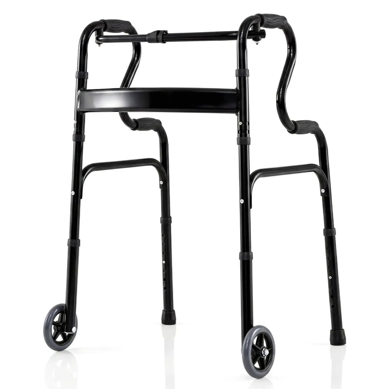 Adjustable Heavy-Duty Folding Walker with Unidirectional Wheels and Bi-Level Armrests-Black by DirectDeals