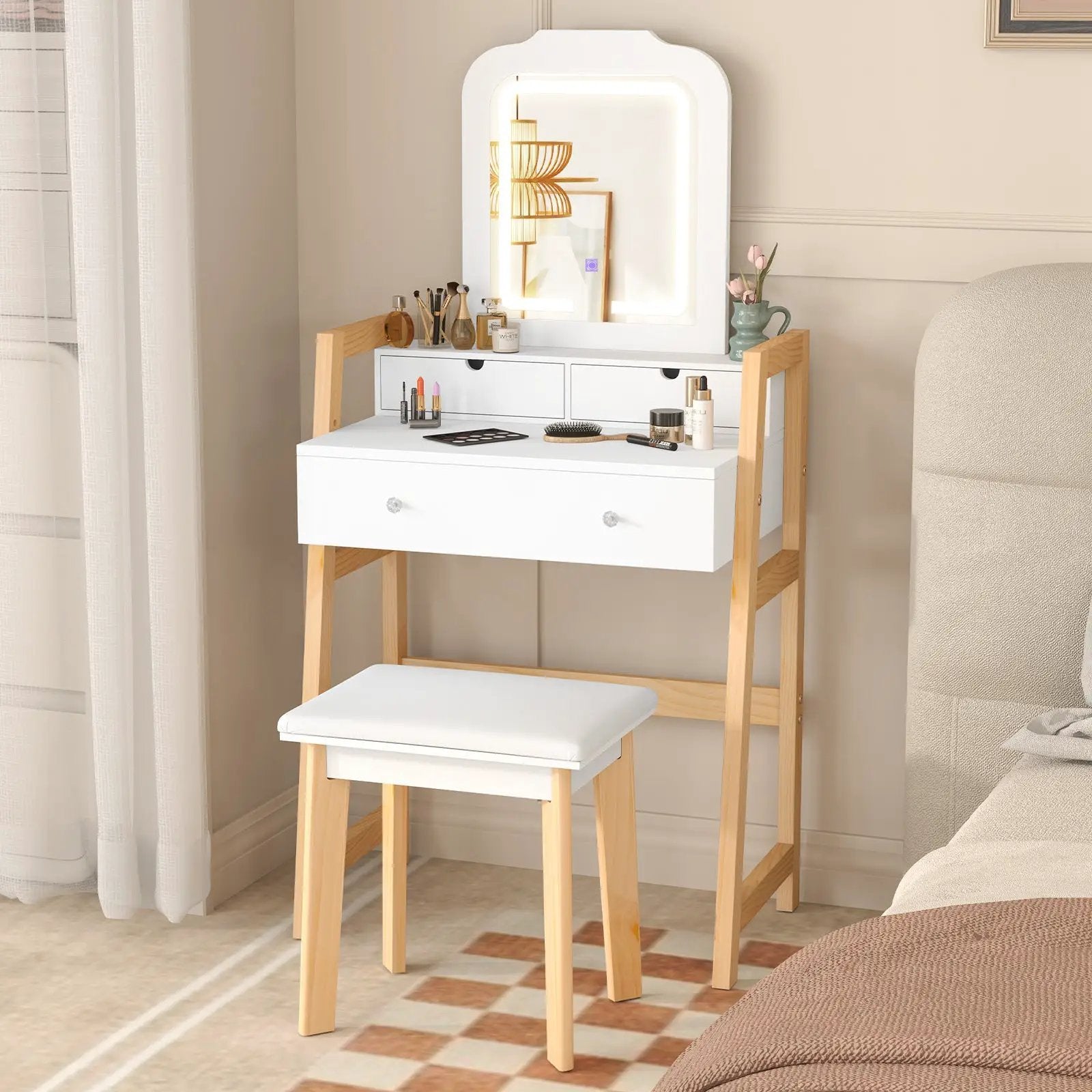 Adjustable Height Vanity Desk Set with 3-Color LED Lighted Mirror and Drawers-White by DirectDeals