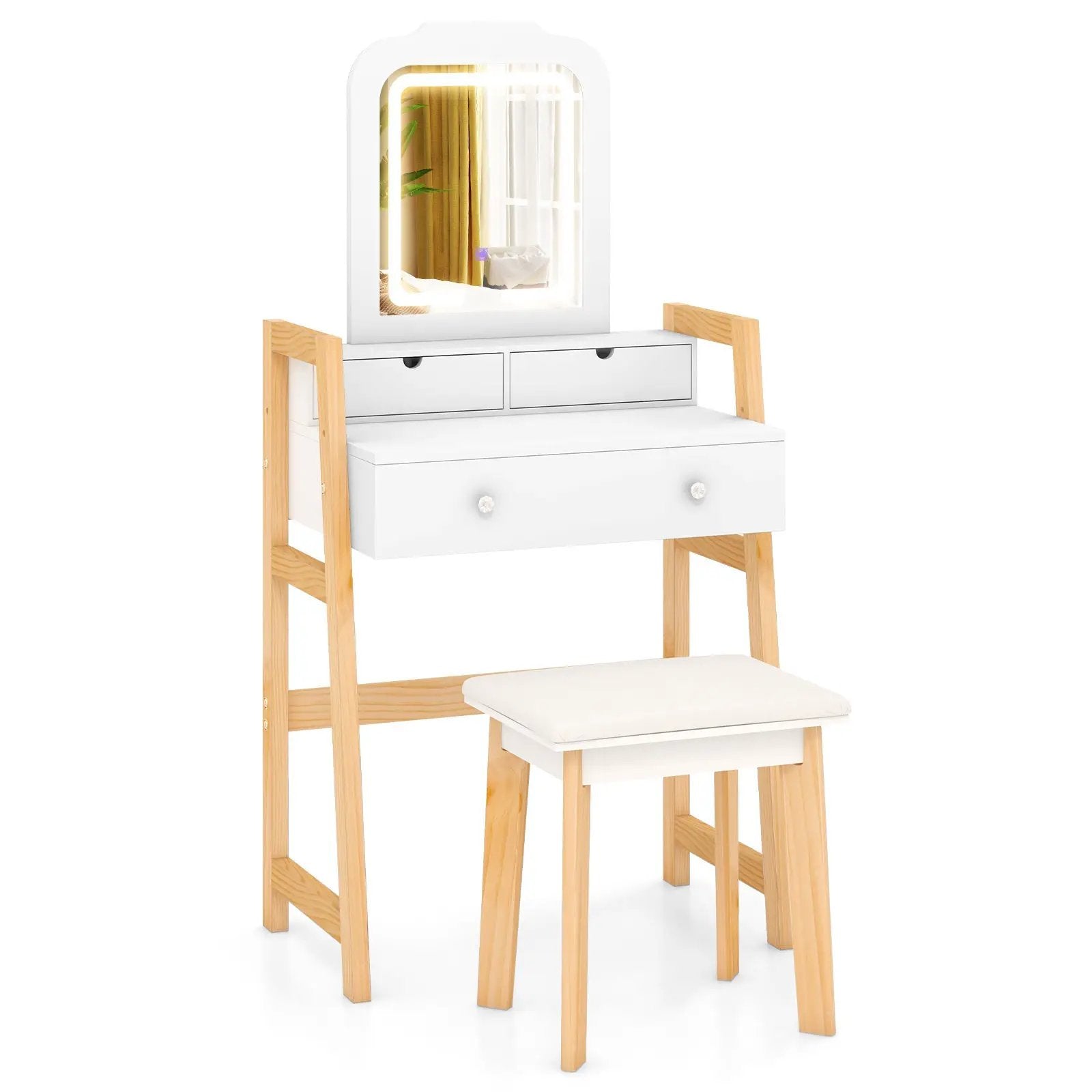 Adjustable Height Vanity Desk Set with 3-Color LED Lighted Mirror and Drawers-White by DirectDeals
