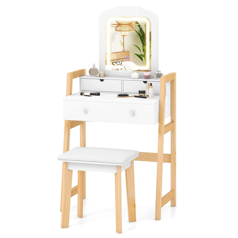 Adjustable Height Vanity Desk Set with 3-Color LED Lighted Mirror and Drawers-White by DirectDeals
