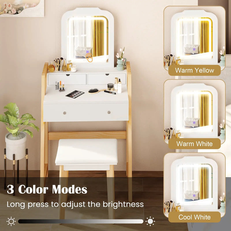 Adjustable Height Vanity Desk Set with 3-Color LED Lighted Mirror and Drawers-White by DirectDeals