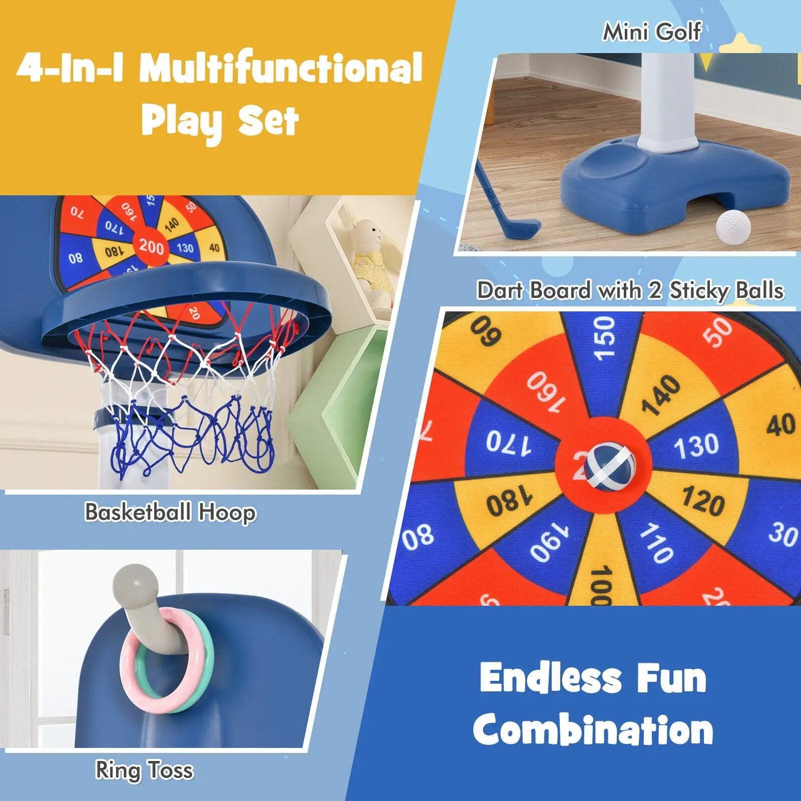 4-In-1 Adjustable Kids Basketball Hoop with Ring Toss Sticky Ball by DirectDeals