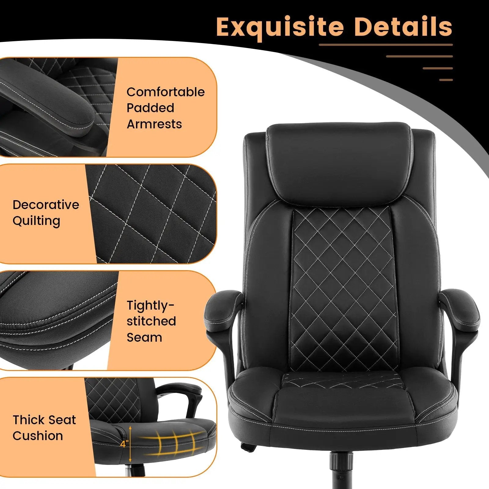 High Back Ergonomic Executive Chair with Thick Headrest Cushion-Black by DirectDeals