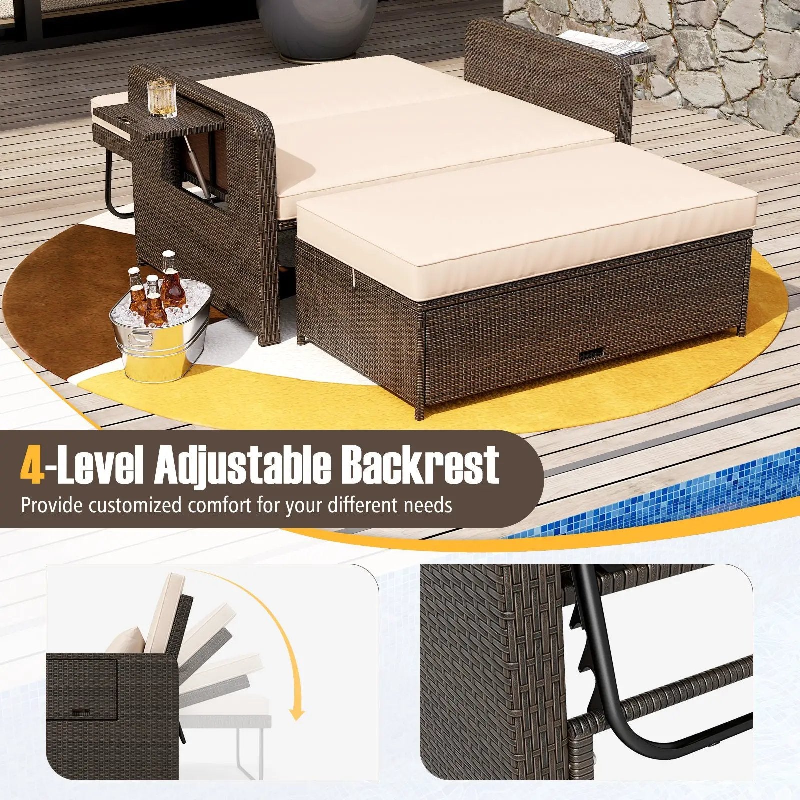 Premium Adjustable Outdoor Patio Daybed Set with Cushions and Storage Ottoman by DirectDeals