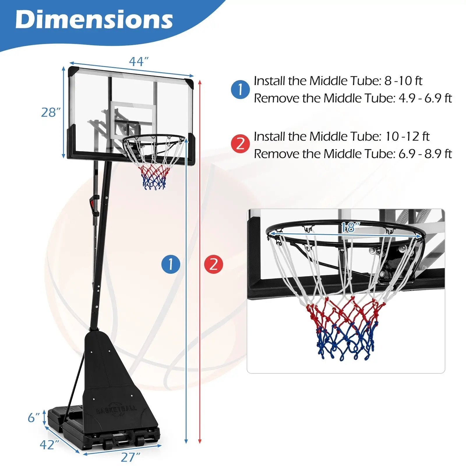 4.9-10 Feet Height Adjustable Portable Basketball Hoop Basketball Goal System by DirectDeals