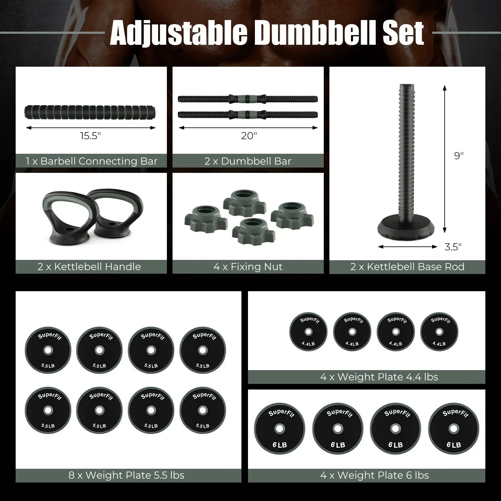 4 in 1 Adjustable Weight Dumbbell Set-Black by DirectDeals