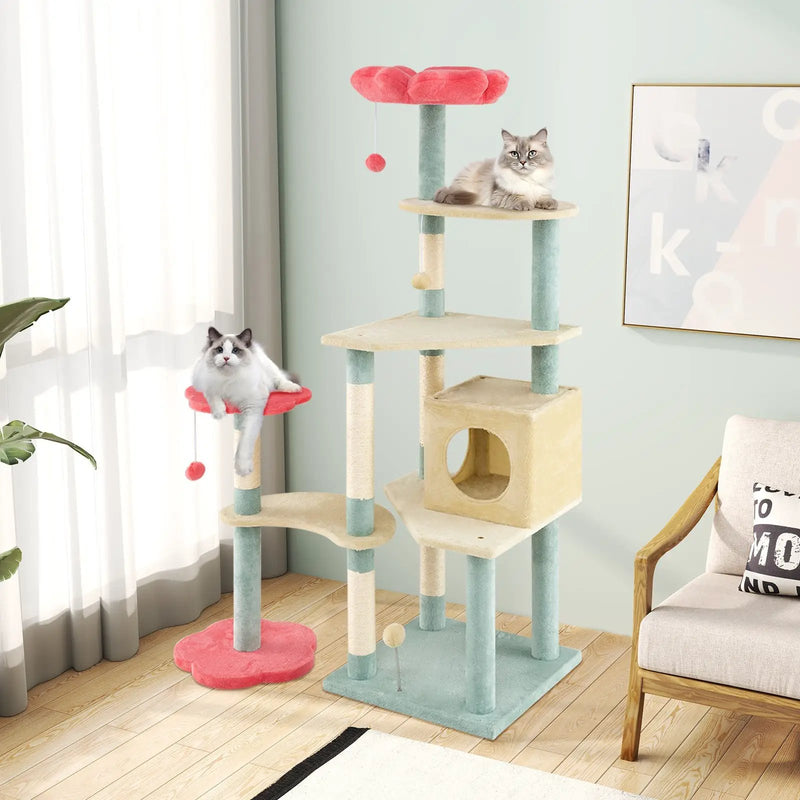 61 Inch Multi-Level Aesthetic Floral Kitten Tower with Flower-Shaped Padded Perch-Multicolor by DirectDeals