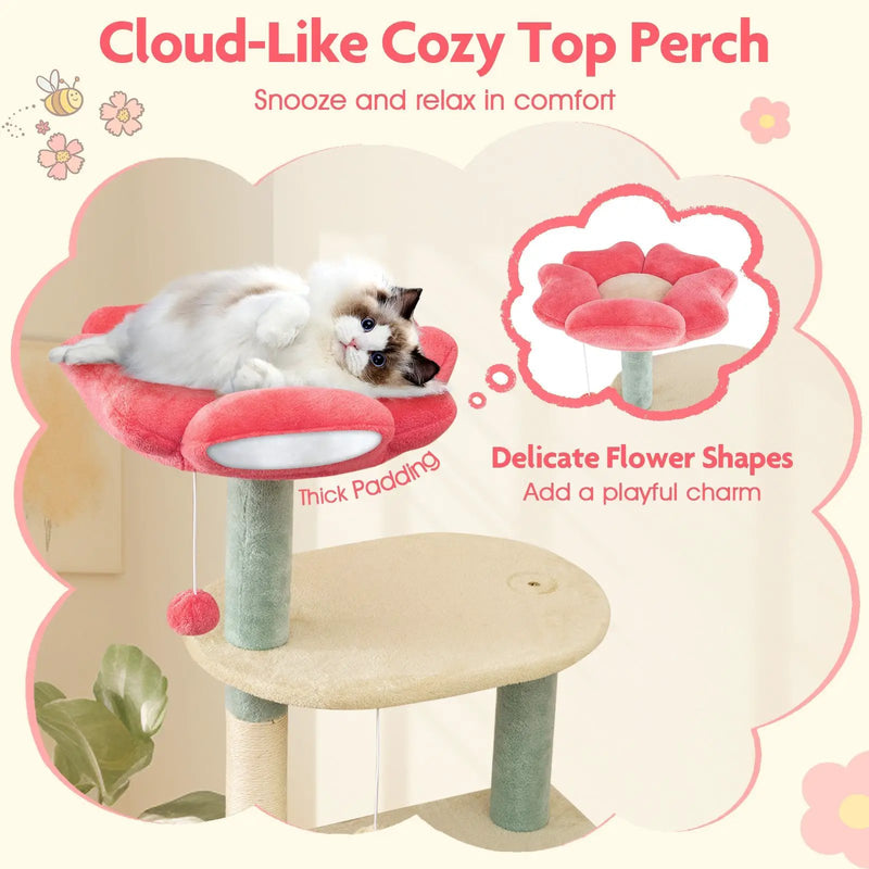 61 Inch Multi-Level Aesthetic Floral Kitten Tower with Flower-Shaped Padded Perch-Multicolor by DirectDeals