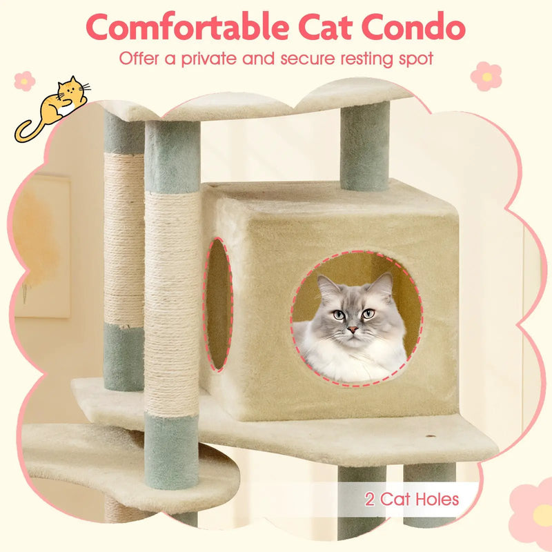 61 Inch Multi-Level Aesthetic Floral Kitten Tower with Flower-Shaped Padded Perch-Multicolor by DirectDeals