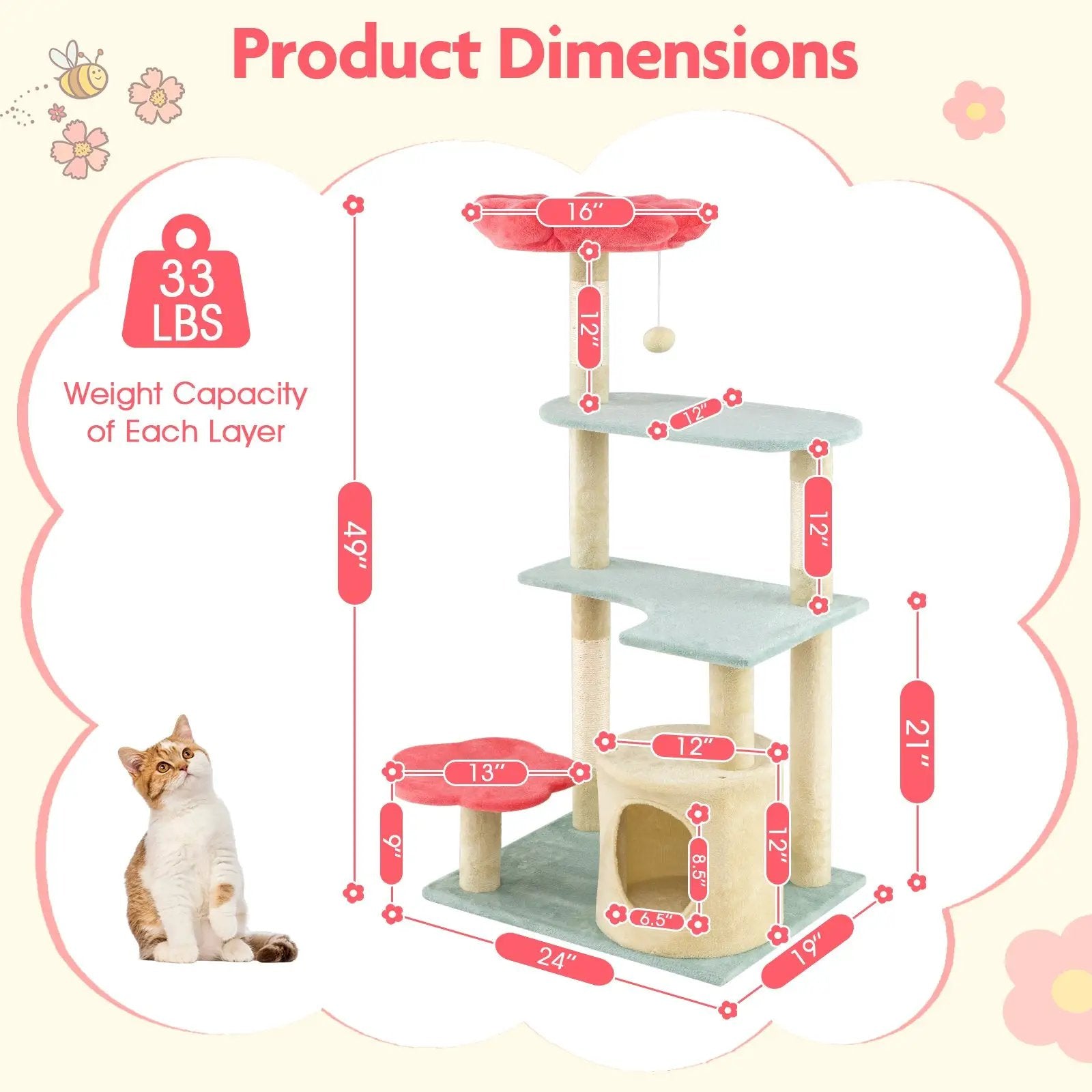 49 Inch Tall Multi-Level Aesthetic Floral Kitten Tower with Flower-Shaped Plush Padded Perch-Multicolor by DirectDeals
